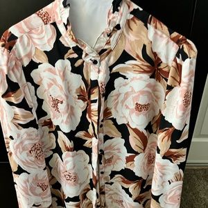 Pink, white, black floral button up blouse by Express Size L-Item has been worn